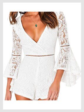Lulus Lace Romper White Faux Wrap Bell Sleeve S